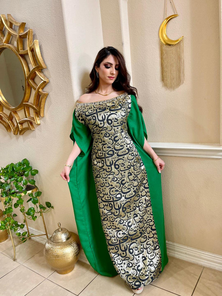 green arabic dress Green Off-Shoulder Crecent Dress with Arabic Letters. – EMBROHOUSE